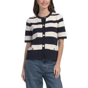 ANNE KLEIN Short Sleeve Striped Crew Neck Cardigan